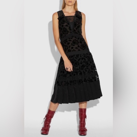 Coach Floral Devore Lace Ribbon Vintage Inspired V Neck Velvet Dress Size 10 - Picture 1 of 4